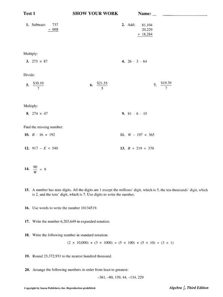 Saxon Math Algebra 1 2 Tests 3rd Edition R O C K Solid Home School
