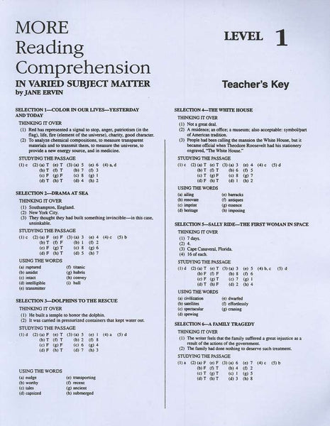 More Reading Comprehension in Varied Subject Matter - Level 1 Teacher's  Answer Key